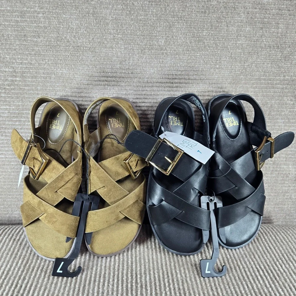 Time and Tru Women Size 7‎ Black Olive Green X Band Buckle Memory Foam Sandals